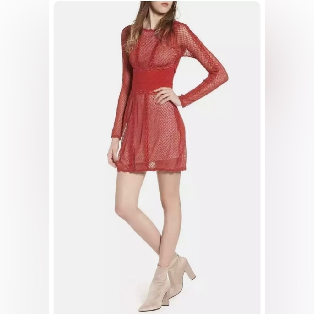 FREE PEOPLE NWT Party Bachelorette Red Lace/Mesh Bodycon Band Waist Red Dress S